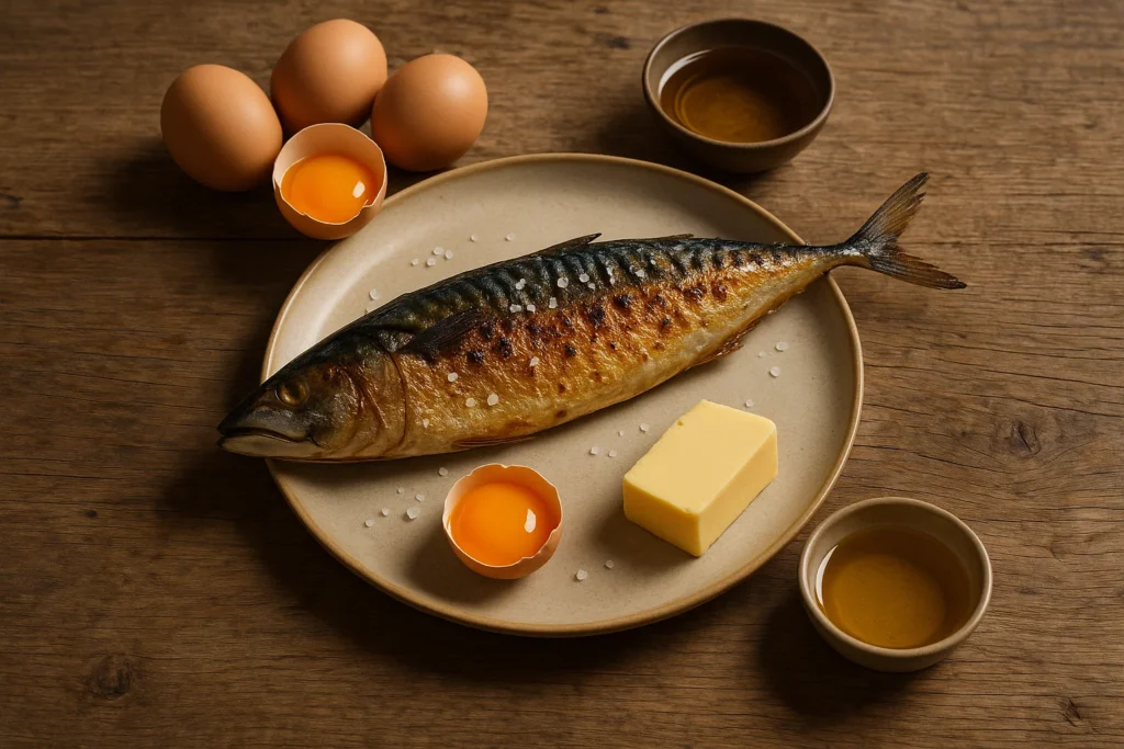 Grillet makrel med græsæg og torskelever olie - naturlige D-vitamin kilder på carnivore diæten