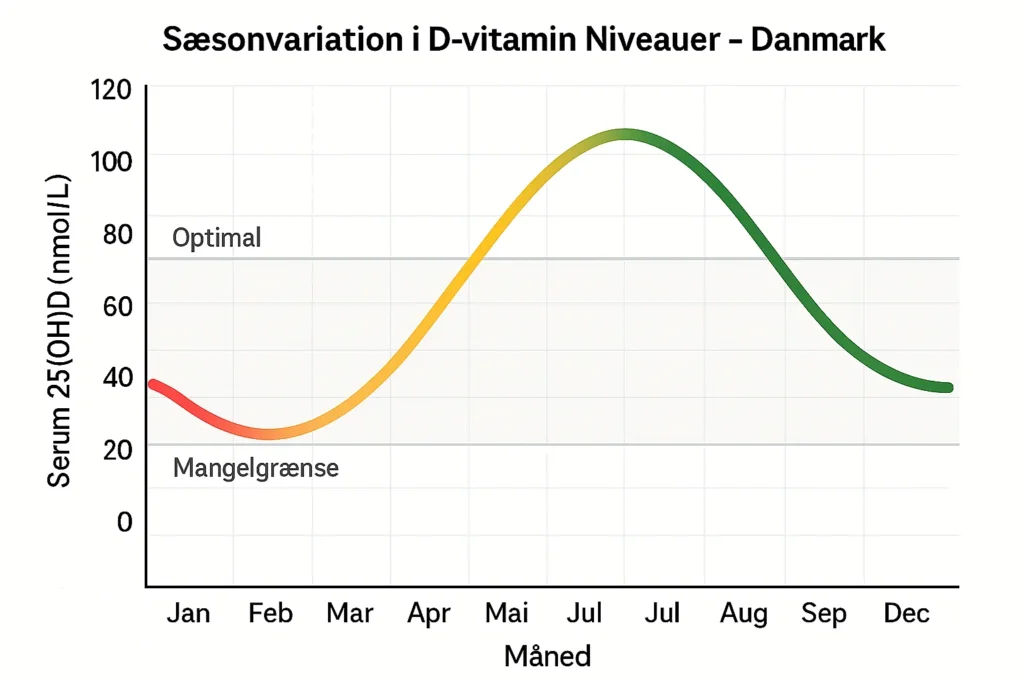 Sæsonvariation af vitamin D niveauer i Danmark med lavpunkt i marts og højdepunkt i september