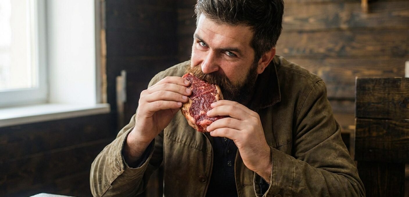 En mand på carnivore diæten spiser en rå bøf
