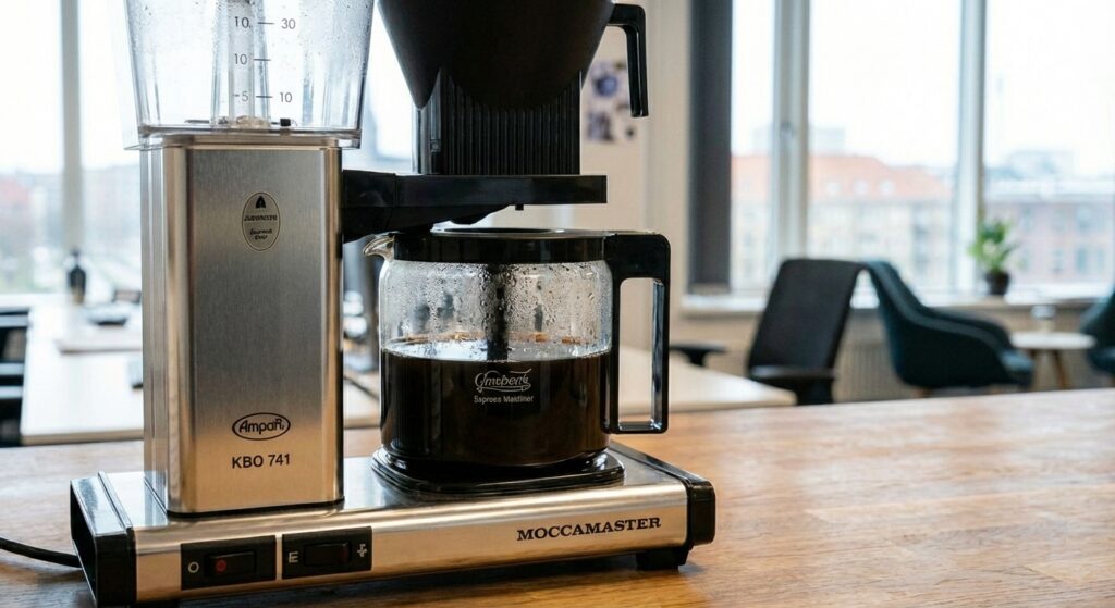En kaffemaskine på et kontor der lige har brygget en frisk kande kaffe
